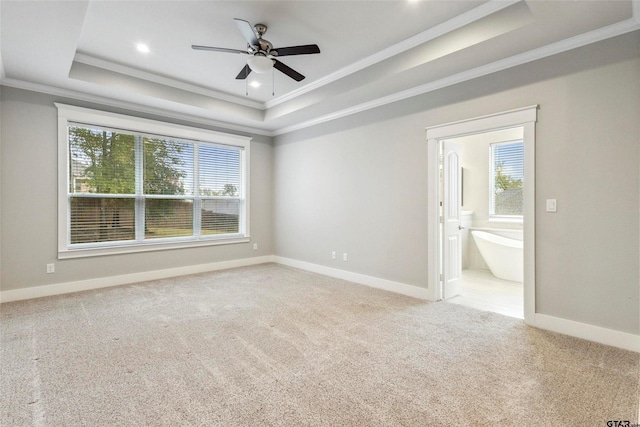 spare room featuring ceiling fan, light colored carpet, crown molding, and a raised ceiling