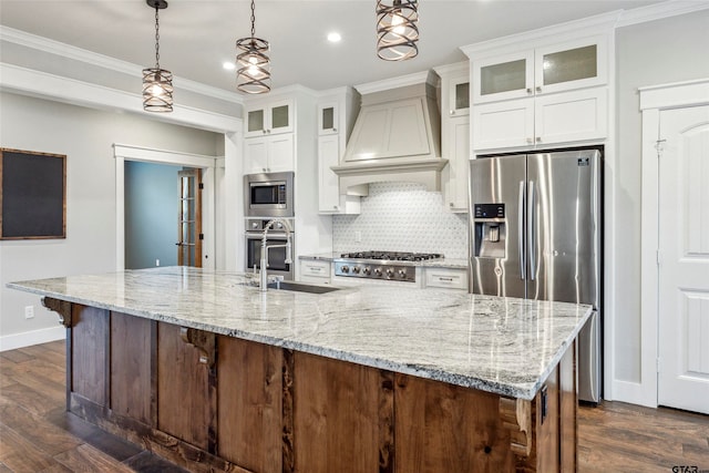 kitchen featuring stainless steel appliances, dark wood-type flooring, a large island with sink, and custom exhaust hood