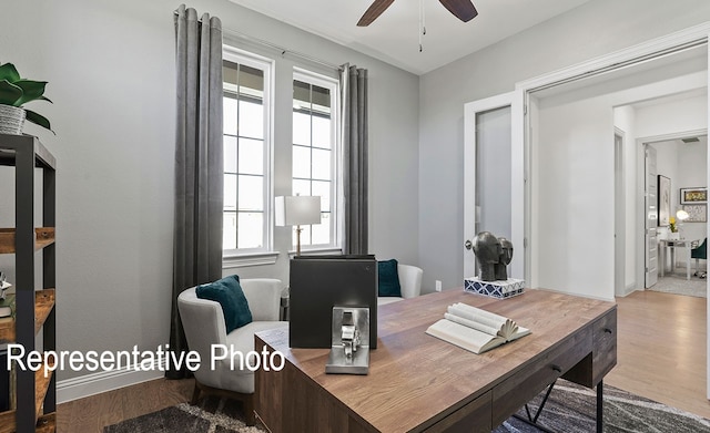 office with ceiling fan, hardwood / wood-style flooring, and a healthy amount of sunlight