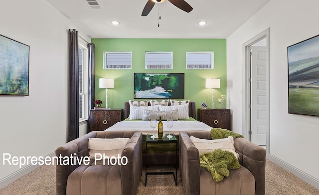 carpeted bedroom featuring ceiling fan