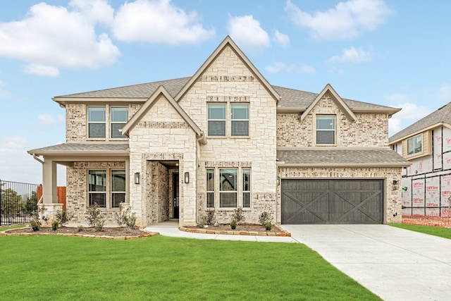 view of front facade with a shingled roof, a front yard, fence, a garage, and driveway