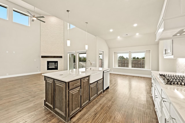 kitchen with open floor plan, appliances with stainless steel finishes, custom exhaust hood, and a sink