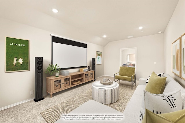 home theater with light carpet, recessed lighting, baseboards, and lofted ceiling