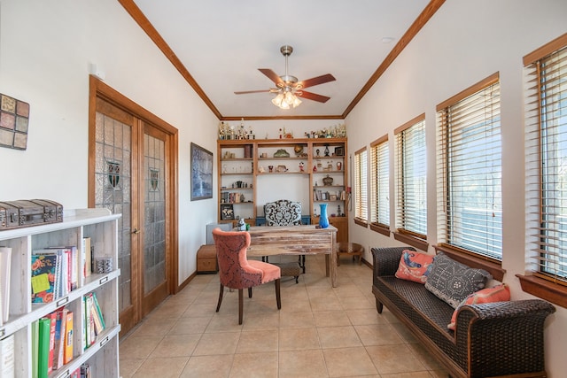 office space with plenty of natural light, ceiling fan, and light tile patterned floors