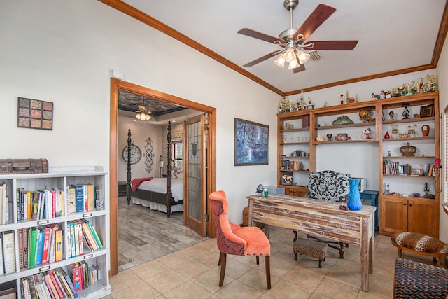 office featuring light hardwood / wood-style flooring, ceiling fan, and crown molding