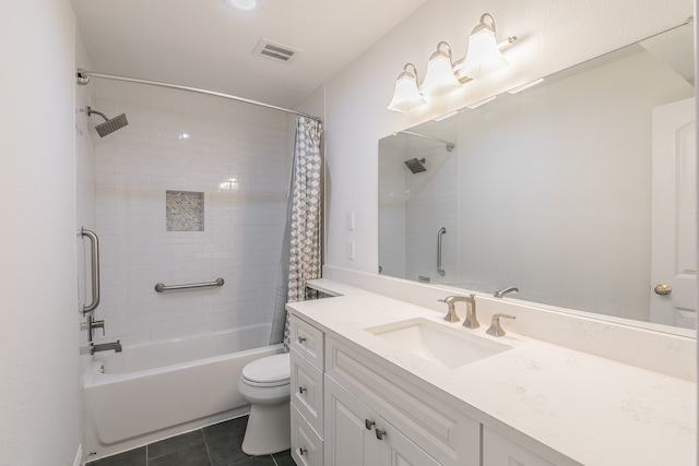 full bathroom with shower / bath combo with shower curtain, tile patterned flooring, vanity, and toilet