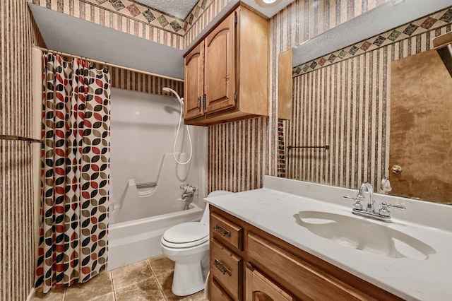 full bathroom with vanity, tile patterned floors, toilet, and shower / bath combination with curtain