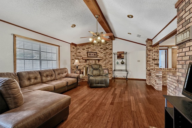 living room featuring ceiling fan, dark hardwood / wood-style floors, a textured ceiling, and vaulted ceiling with beams