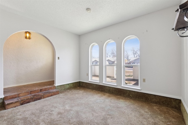 carpeted empty room with a textured ceiling