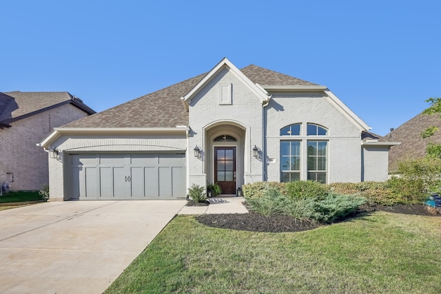 view of front of house featuring a garage and a front lawn