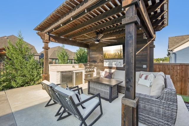 view of patio / terrace featuring a pergola, area for grilling, an outdoor living space, exterior kitchen, and ceiling fan