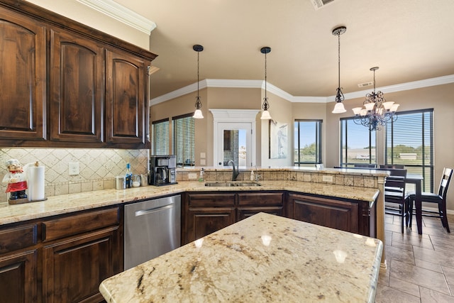 kitchen featuring dishwasher, sink, a notable chandelier, crown molding, and dark brown cabinets