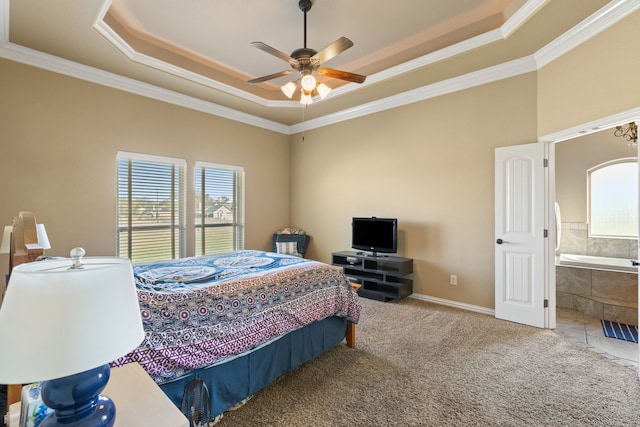 bedroom with carpet flooring, connected bathroom, ceiling fan, and ornamental molding