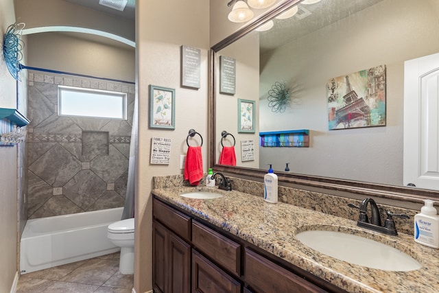 full bathroom featuring tile patterned flooring, vanity, shower / bath combination with curtain, and toilet