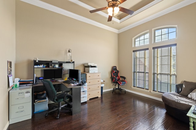 office space featuring dark hardwood / wood-style floors, ceiling fan, and ornamental molding