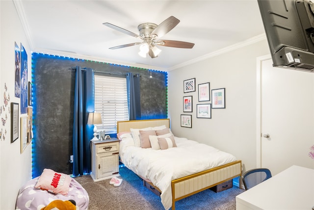 bedroom with carpet floors, ceiling fan, and crown molding