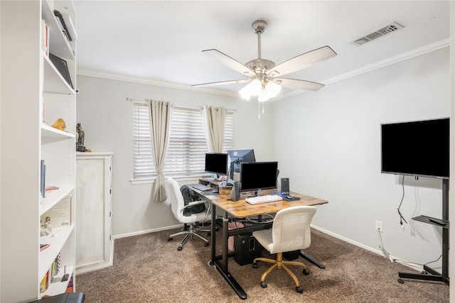 carpeted home office featuring ceiling fan and ornamental molding