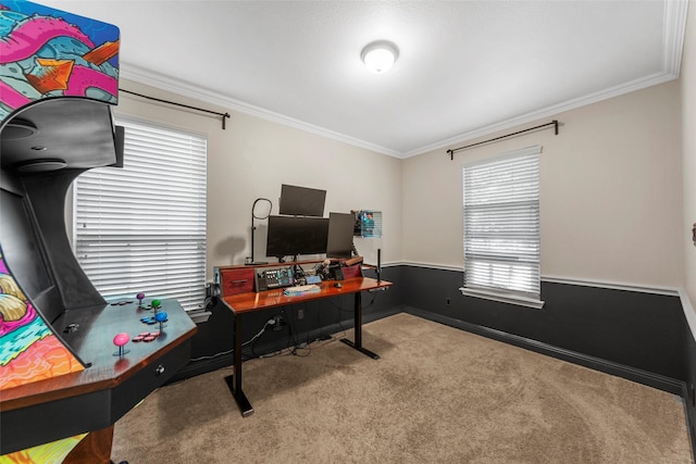 carpeted home office with crown molding