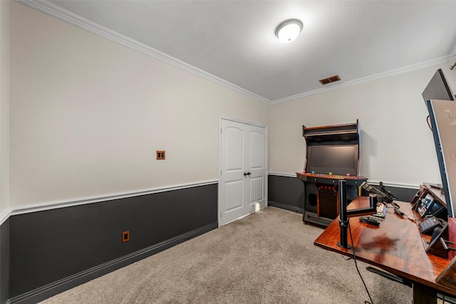 home office featuring light carpet and ornamental molding