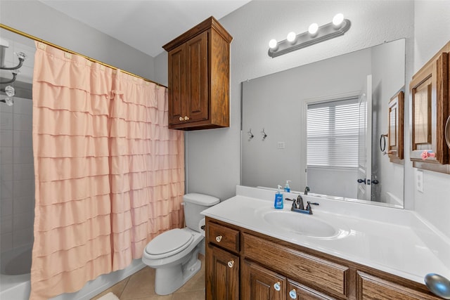 full bathroom featuring toilet, shower / bath combination with curtain, vanity, and tile patterned floors