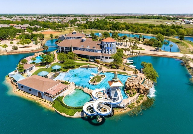 birds eye view of property featuring a water view