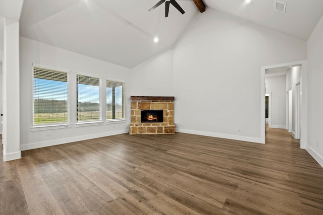 unfurnished living room with high vaulted ceiling, a fireplace, visible vents, beam ceiling, and dark wood-style floors