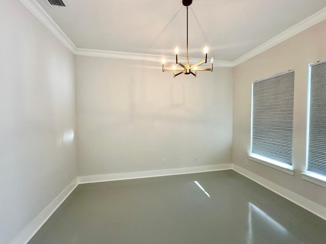 unfurnished room with a notable chandelier, concrete flooring, and crown molding