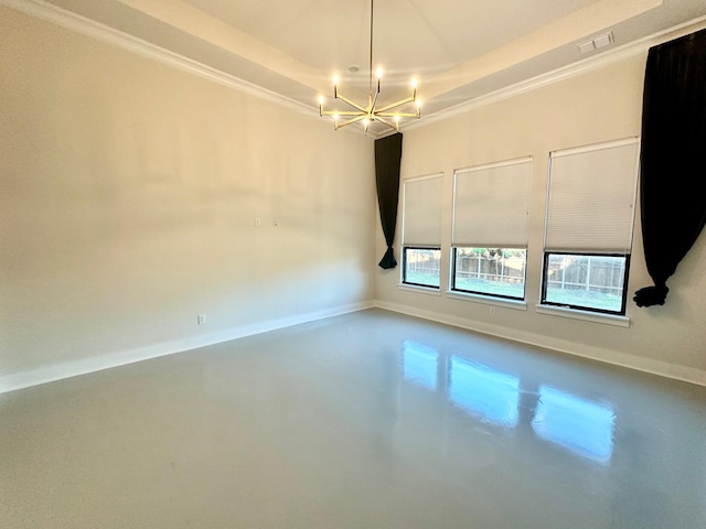 empty room with concrete floors, a notable chandelier, and ornamental molding