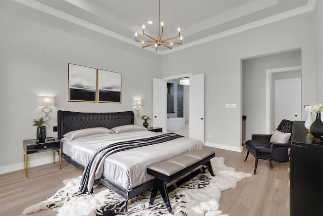 1719 Silver Marten Trl, Arlington, TX 76005 - bedroom with crown molding, a tray ceiling, and an inviting chandelier