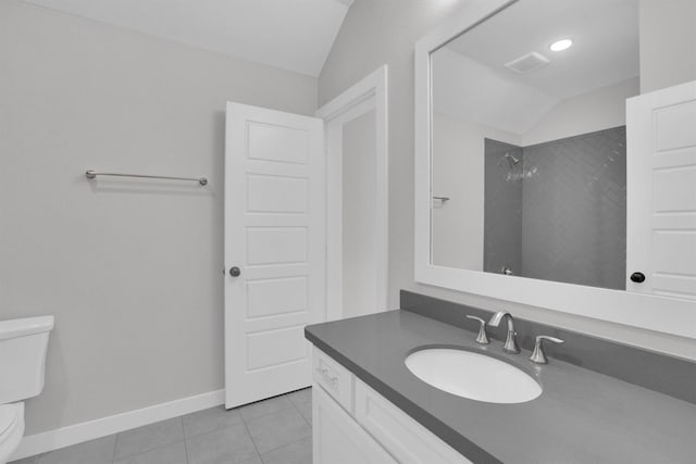 1719 Silver Marten Trl, Arlington, TX 76005 - bathroom featuring vanity, tile patterned flooring, walk in shower, toilet, and lofted ceiling