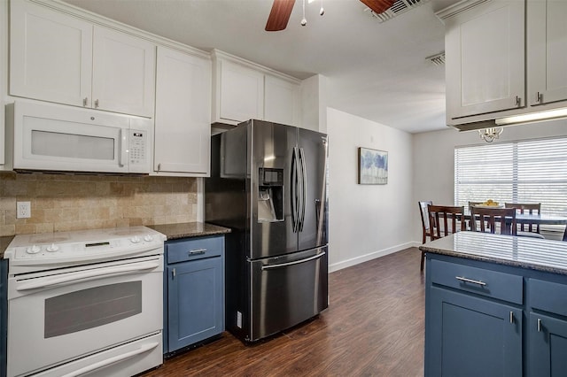 kitchen featuring white appliances, blue cabinetry, ceiling fan, dark hardwood / wood-style floors, and white cabinetry