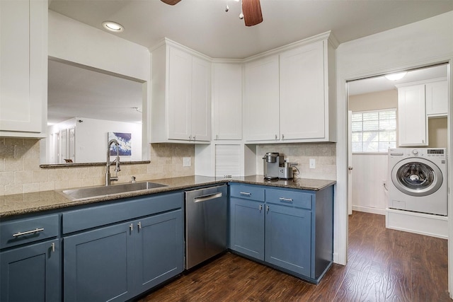 kitchen featuring sink, white cabinetry, dishwasher, washer / dryer, and dark wood-type flooring