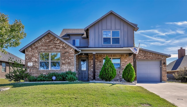 craftsman-style house with a front lawn and a garage