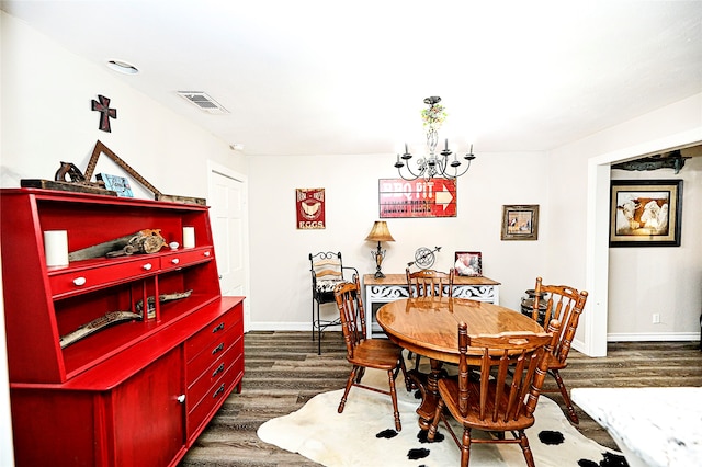 dining room with dark hardwood / wood-style flooring and a notable chandelier