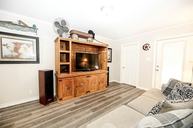 living room featuring hardwood / wood-style floors and crown molding