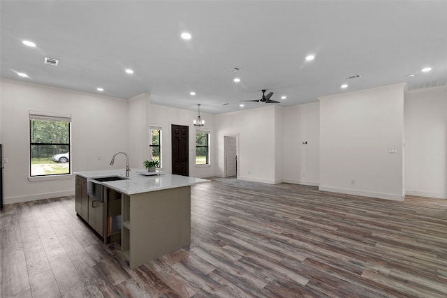 kitchen with a center island with sink, plenty of natural light, dark hardwood / wood-style flooring, and ceiling fan with notable chandelier