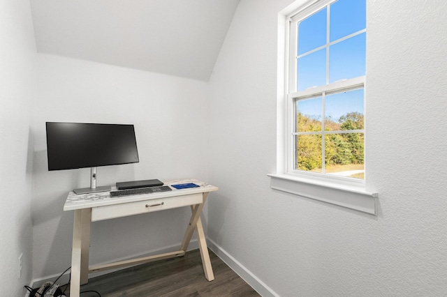 office with dark wood-type flooring and lofted ceiling