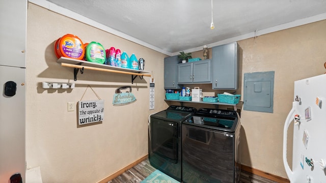 laundry area featuring separate washer and dryer, electric panel, and baseboards