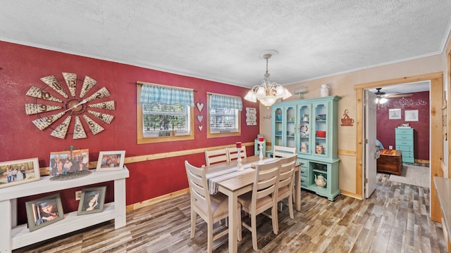 dining area featuring wood finished floors, a textured ceiling, and crown molding