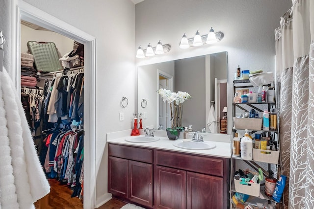 bathroom with wood-type flooring and vanity