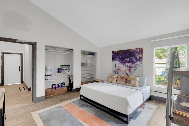 bedroom featuring wood-type flooring and high vaulted ceiling