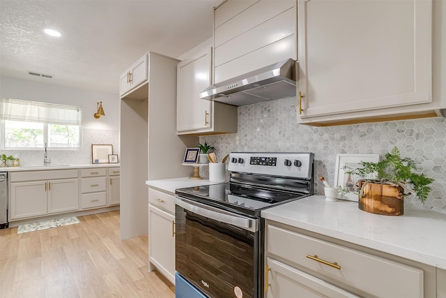 kitchen featuring stainless steel appliances, light hardwood / wood-style floors, sink, tasteful backsplash, and range hood