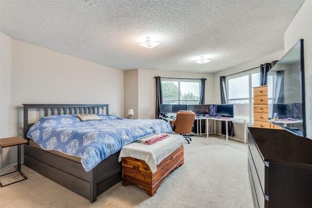 carpeted bedroom with a textured ceiling