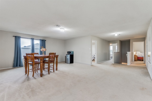 carpeted dining room with a textured ceiling