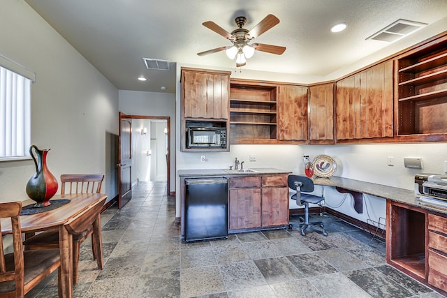 1133 Brackeen Dr, Graford, TX 76449 - kitchen with open shelves, fridge, black microwave, a sink, and ceiling fan