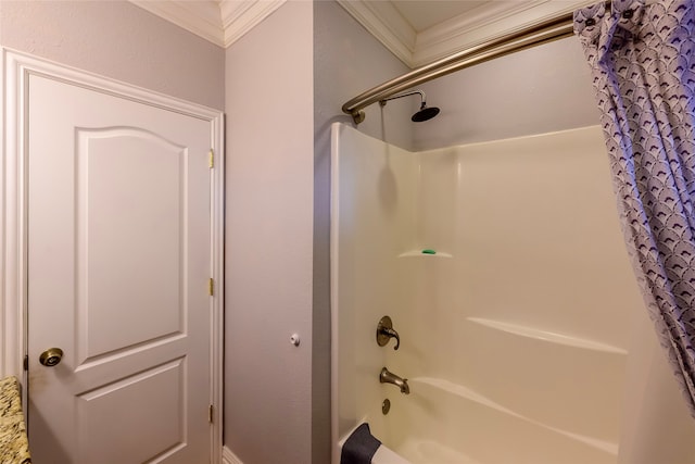 bathroom with shower / bath combo and crown molding