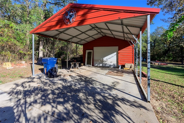 view of car parking featuring a garage, a carport, and a lawn