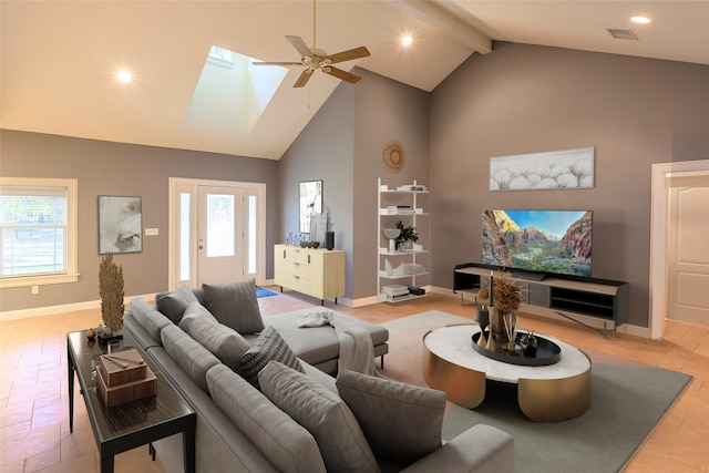 living room featuring high vaulted ceiling, beamed ceiling, a skylight, and ceiling fan