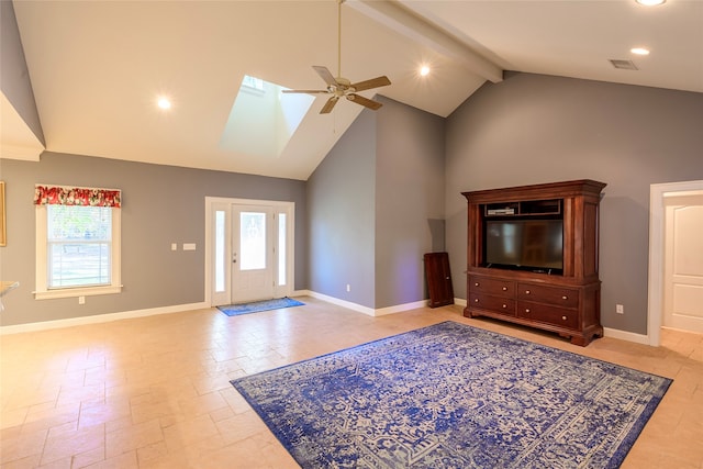 unfurnished living room featuring high vaulted ceiling, ceiling fan, a skylight, and beam ceiling