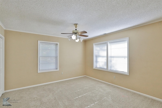 spare room featuring carpet, ceiling fan, and ornamental molding